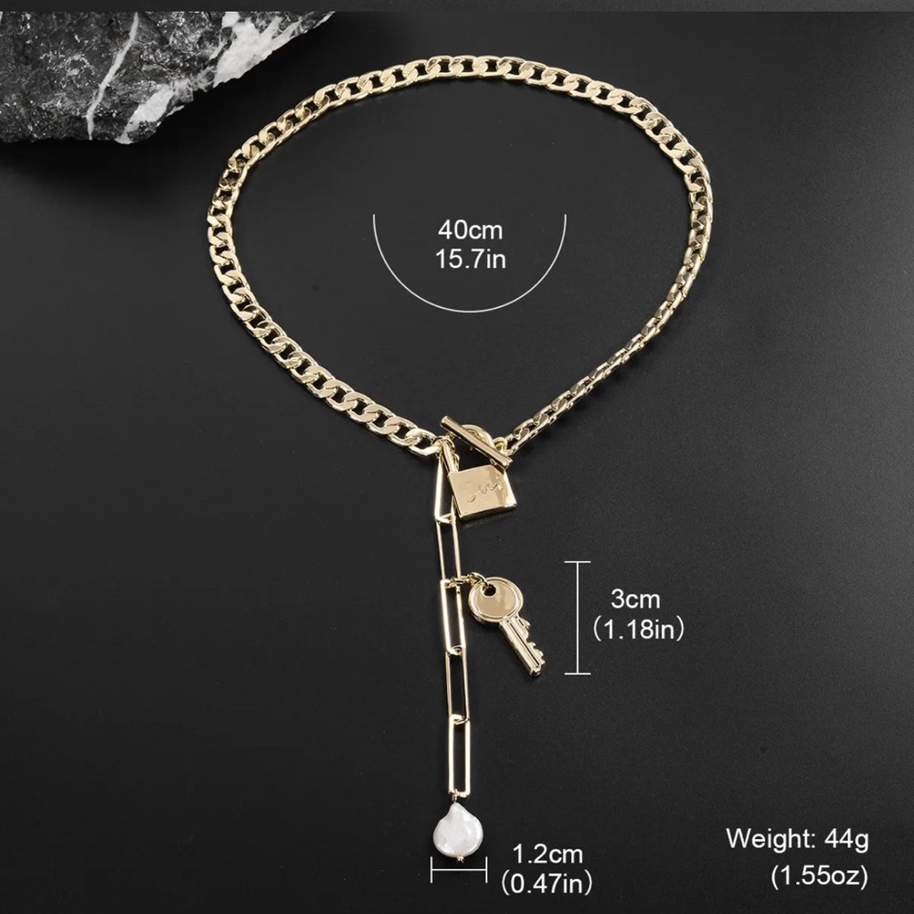 Gold Chain Necklace with Lock and Key Pendant